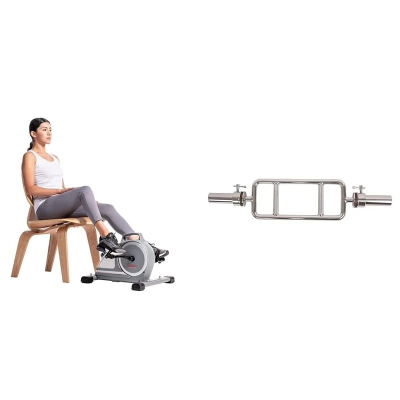 Sunny Health & Fitness Magnetic Under Desk Mini Exercise Cycle Bike, Dual Function Pedal Exerciser + 86 cm Olympic Triceps Bar with Ring Collars, Olympic Weight for Weightlifting and Bodybuilding