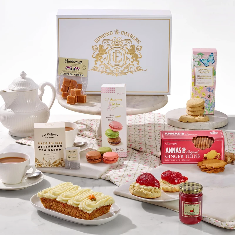 Edmond & Charles Luxury Afternoon Tea Hamper | Premium Gift Box with Teas, Gourmet Biscuits, Fresh Carrot Cake, Macarons, Fudge, & Jam | Hampers Presents for Women | Set of Artisanal Birthday Treats