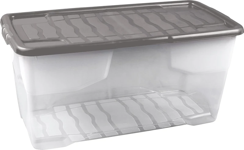 Strata 5 x 80 Litres Curve Plastic Stackable Storage Box & Lid with clip-on lids, 5 Pack, Multi storage box for home and office storage solution Clear Box, Grey Lid, (37cm H x 40cm W x 80cm D)