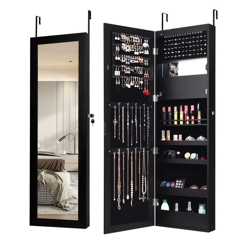 COSTWAY Jewellery Cabinet with Full-Length Mirror and Built-In Make-Up Mirror for Rings, Chain Hooks and Earrings Black - Image 1