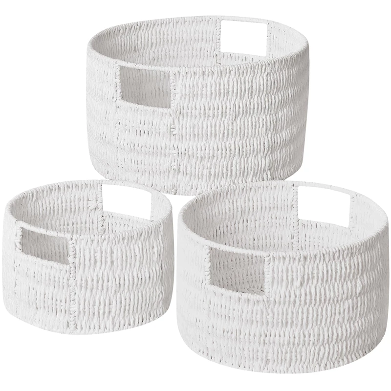 Vagusicc Wicker Storage Basket, Hand-Woven Paper Rope Large Round Woven Basket With Handles, Wicker Baskets for Organizing/Storage, White, 3-Pack