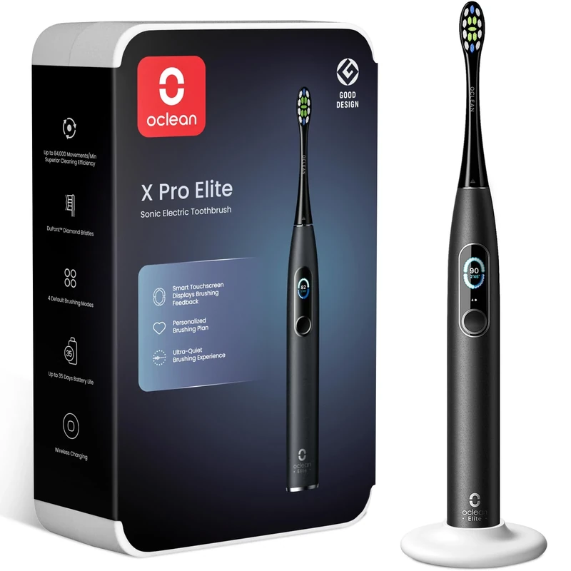 Oclean X Series Pro Elite, Ultra-Quiet Powerful Sonic Electric Toothbrush Adults w Smart Screen, 8 Areas Tracking, Wireless Charge for 35 Days, 4 Modes, Wall Mounted, Eco-Friendly Packaging - Black
