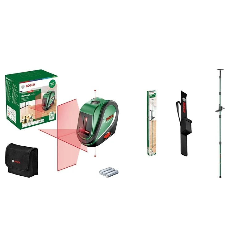 Bosch Cross line Laser UniversalLevel 2 (Laser Cross incl. Integrated Plumb Points for Precise Alignment and Easy Application Transfer) + Bosch Telescopic Rod TP 320 (Adjustable Height of 106-320 cm)