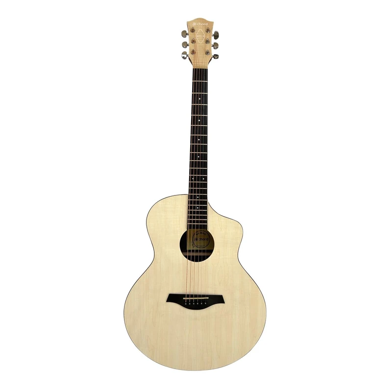 Chord Nomad Series: Electro Acoustic Guitar with Built in Tuner and Active 3-Band EQ Grand Auditorium Style with Venetian Cutaway White Quilted Maple