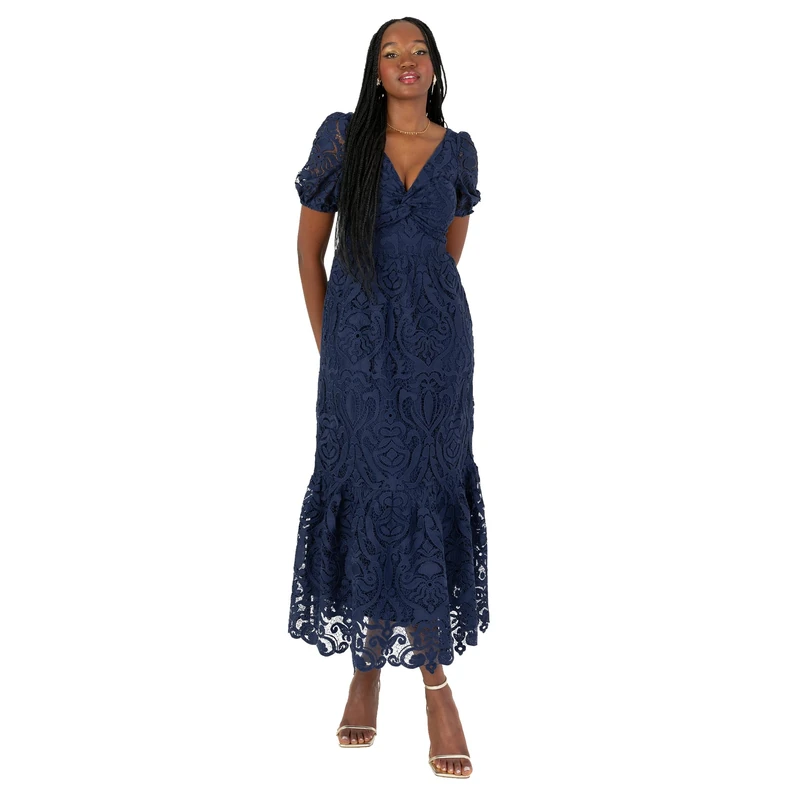 Maya Deluxe Women's Midi Dress Ladies V-Neck Short Puff Sleeves Twist Front Lace Tiered Bottom Hemline A-line Wedding Guest Occasion, Navy Blue 22