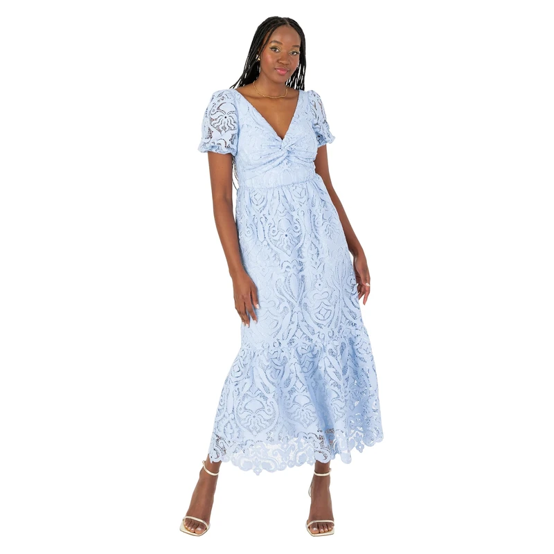 Maya Deluxe Women's Midi Dress Ladies V-Neck Short Puff Sleeves Twist Front Lace Tiered Bottom Hemline A-line Wedding Guest Occasion, Cornflower Blue 18