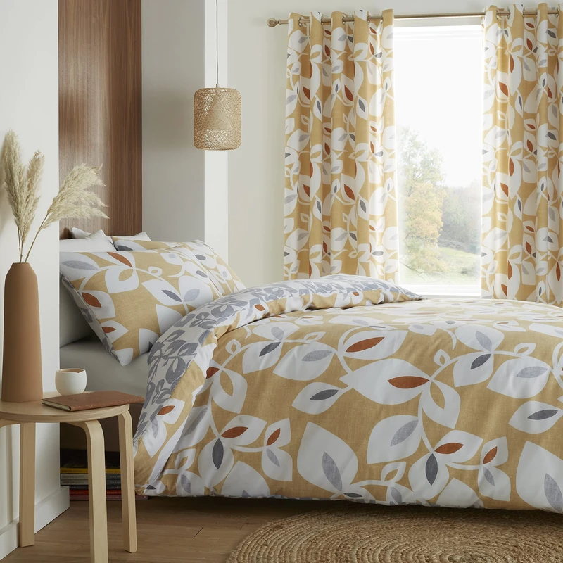 Catherine Lansfield Inga Leaf Gold Duvet Cover + Pillowcase for Bed 105 cm - 180 x 220 + 50 x 125 cm