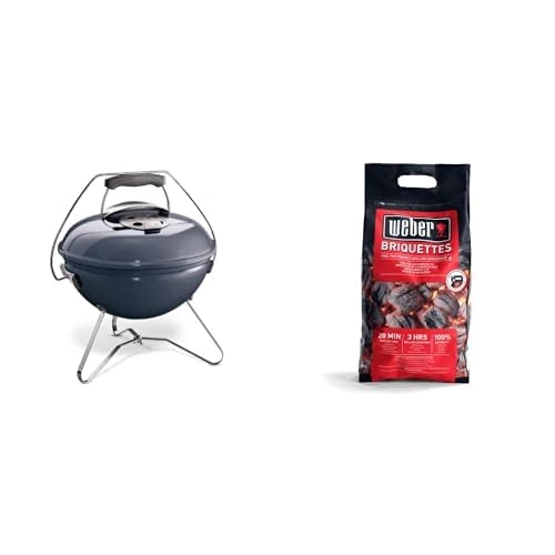 Weber Smokey Joe Premium Charcoal Grill Barbeque, 37cm | Portable BBQ Grill with Tuck-N-Carry Lid Cover & Plated Steel Legs | Folding Outdoor Cooker | Porcelain-Enamelled Bowl - Slate Blue (1126804)