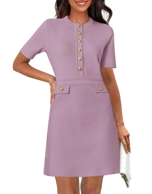 MEROKEETY Women's Knit Bodycon Sweater Dress Button Short Sleeve Crew Neck Elegant Formal Mini Dress, Taro, M