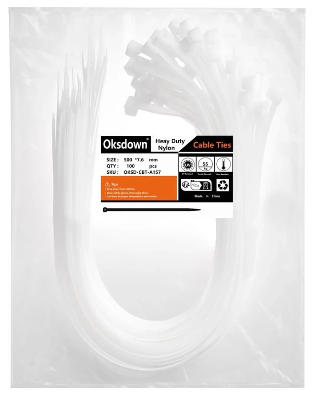 Oksdown 100 Pack White Plastic Cable Ties 500mm×7.6mm Strong Nylon Heavy Duty Self Locking 20 inch/50 cm Long Zip Tie Wraps