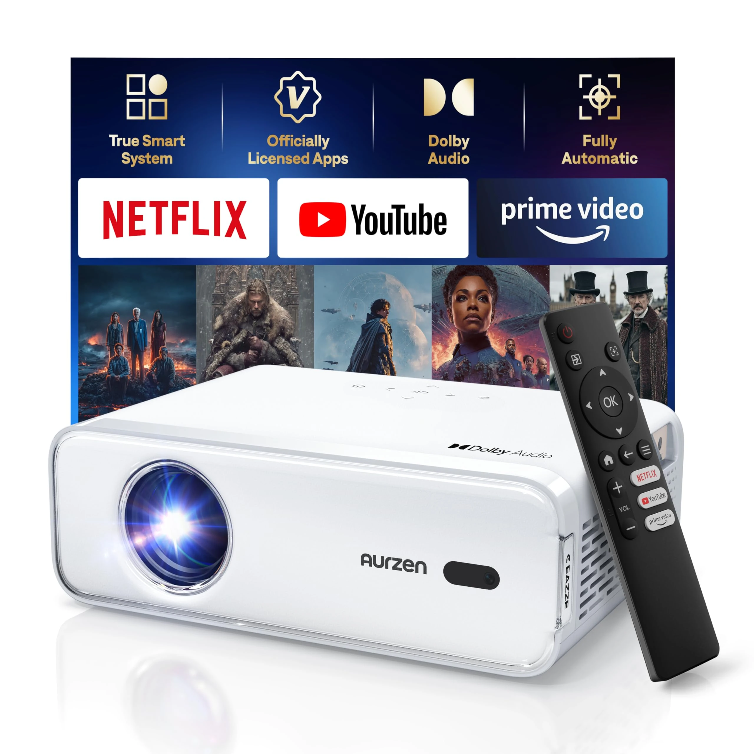 [NetfIix Officially & DoIby Audio] Aurzen Eazze D1 4K Supported Smart Projector with Auto Focus & Auto Keystone, 50% Zoom, HDR 10, 60Hz Portable Projector for iOS/Android/USB/TV Stick,White