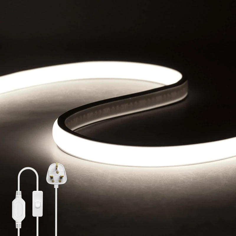 KAFULA 220V COB LED Neon Rope Light with On/Off, 20M White 6000K Waterproof Flexible FCOB LED Strip Light, DIY Design for Bedroom, Living Room, Game Room, Kitchen, Party, Shop Decoration