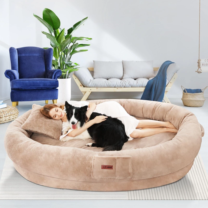 Fvkind Adult Dog Bed for Humans, Human Dog Beds, 73"x56"x12", Khaki