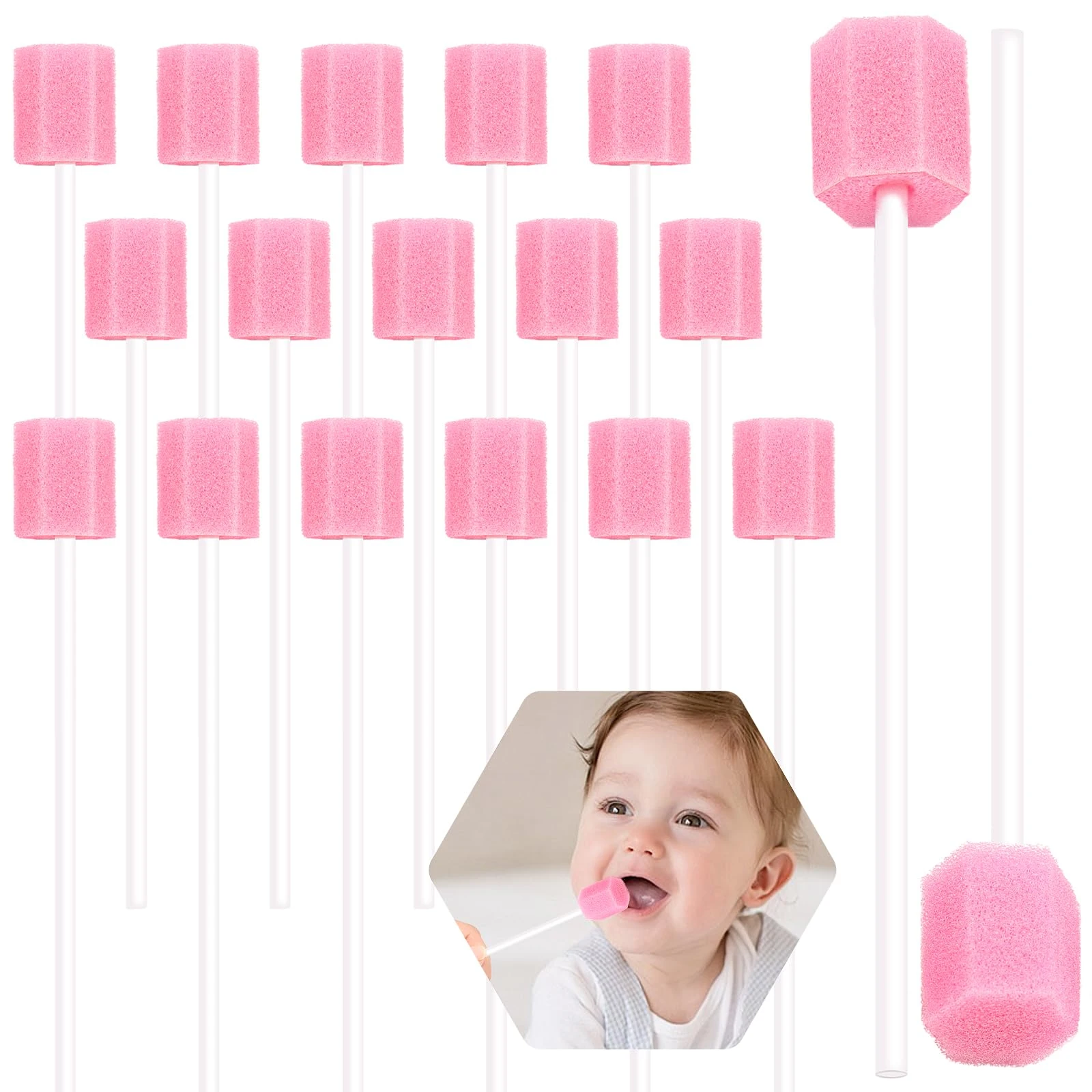 100 Pieces of Mouth Sponges on Stick for Hydration, Mouth Swabs for end of Life Care, Pink Sponge Mouth Swabs, Suitable for Tooth Cleaning Tools for The Elderly, Babies, and Pets