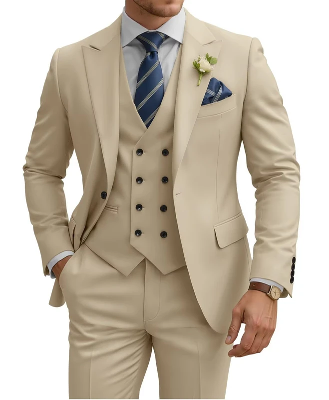 TIJOFA 3 Piece Suit Men Slim Fit Double Breasted Suit for Men Wedding Suits Classic One Button Formal Prom Dinner Tuxedo, Dark Beige, M