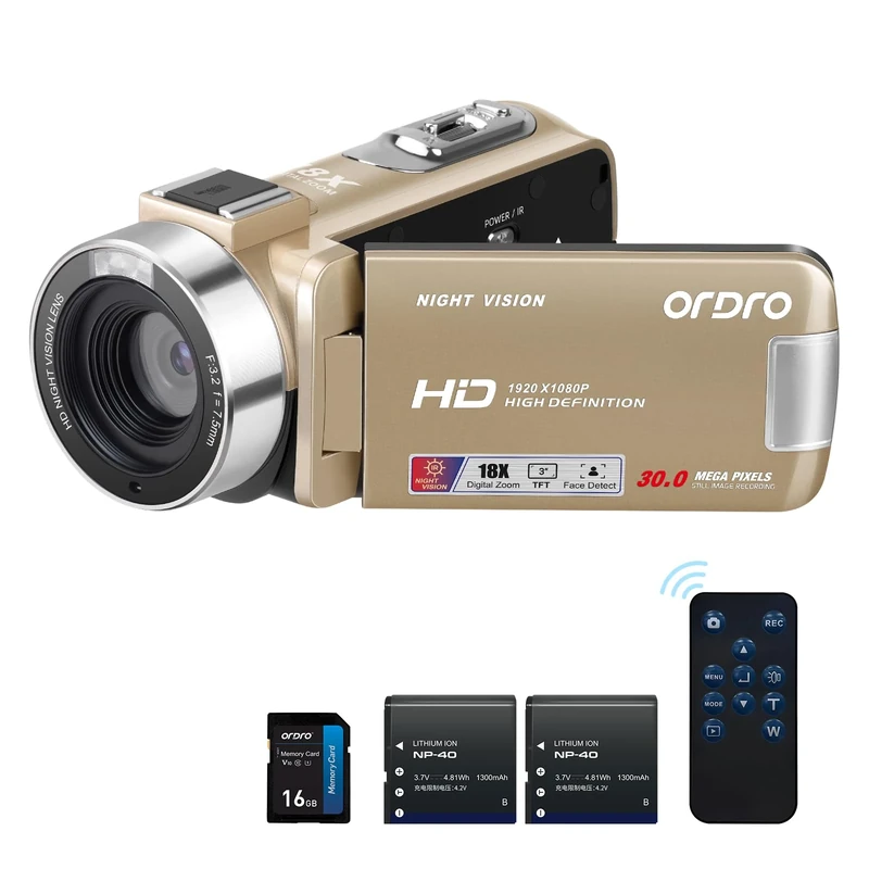 ORDRO B320 1080P Camcorder with 16GB Card, 18X Digital Zoom, Night Vision, 270° Rotatable Screen, Full HD 1080P 30MP Camera, 2 Batteries Gold