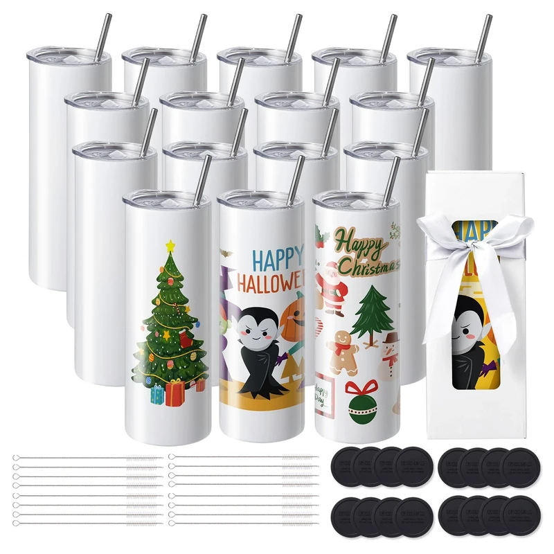VEVOR 16 Pack Straight Sublimation Tumblers, 20 oz Blank Tumbler Bulk, Stainless Steel Double Wall Tumbler Cups with Straw, Lid, Brush, Base, Shrink Wrap, Gift Box, for Heat Press and Heat Transfer