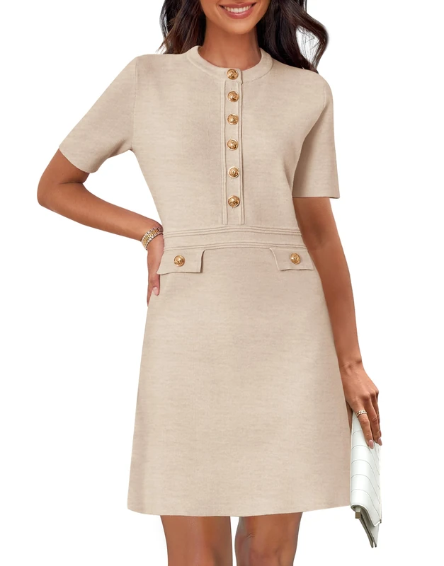MEROKEETY Women's Knit Bodycon Sweater Dress Button Short Sleeve Crew Neck Elegant Formal Mini Dress, Oatmeal, M