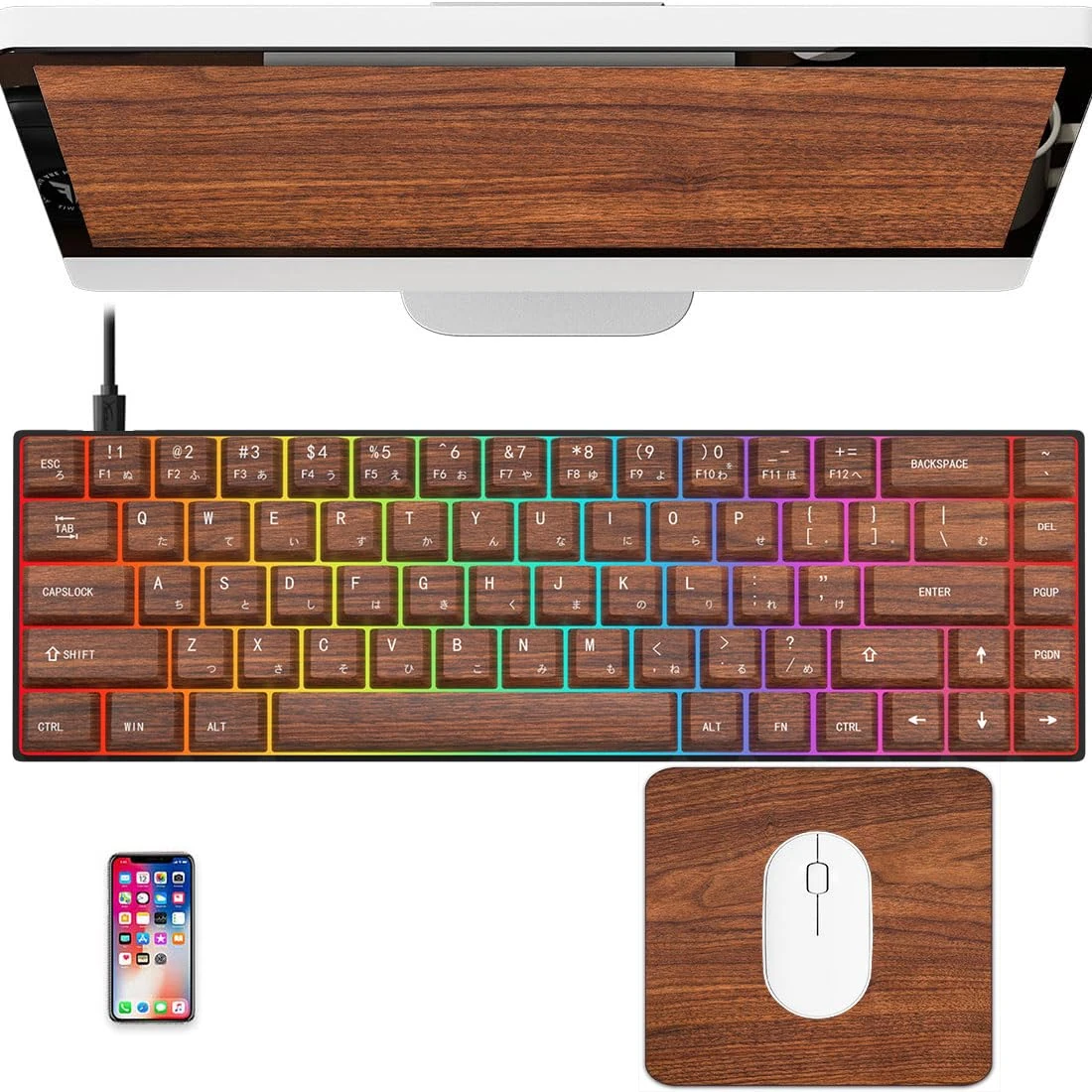 VHPUNW Wood Grain Japanese Keycaps 65 Percent Mechanical Gaming Keyboard RGB Gaming Keyboard with Quiet White Switch Wired Keyboard with Mouse Pad (Wood Grain Keyboard)