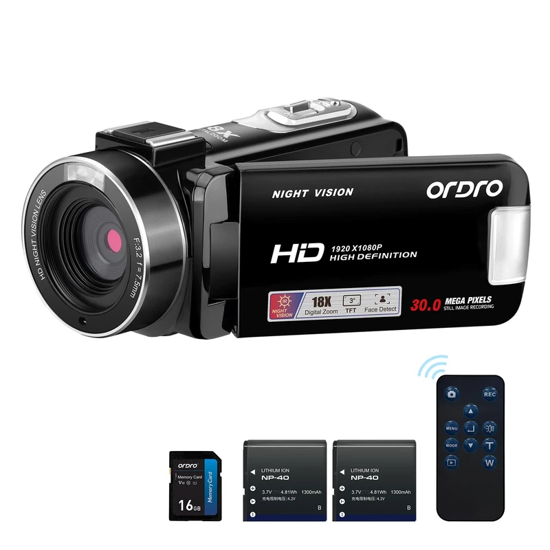 ORDRO B320 1080P Camcorder with 16GB Card, 18X Digital Zoom, Night Vision, 270° Rotatable Screen, Full HD 1080P 30MP Camera, 2 Batteries Black
