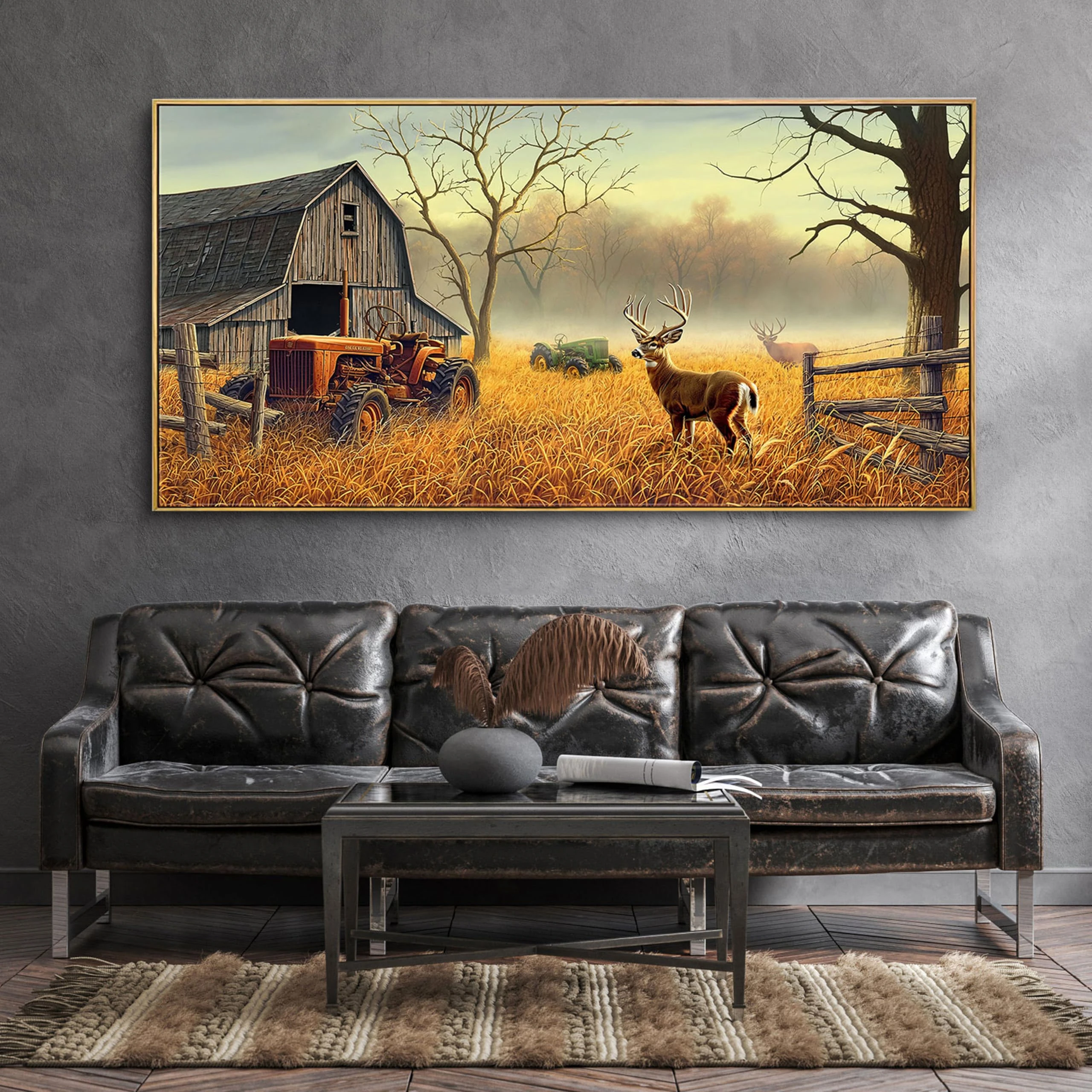 XLSJERST Large Deer Wall Art for Living Room Canvas Prints Decor Decoration Country Tractor Rustic Wildlife Cabin Hunting Picture Glass Surface Artwork Ready to Hang for Bedroom Home Office 24x48