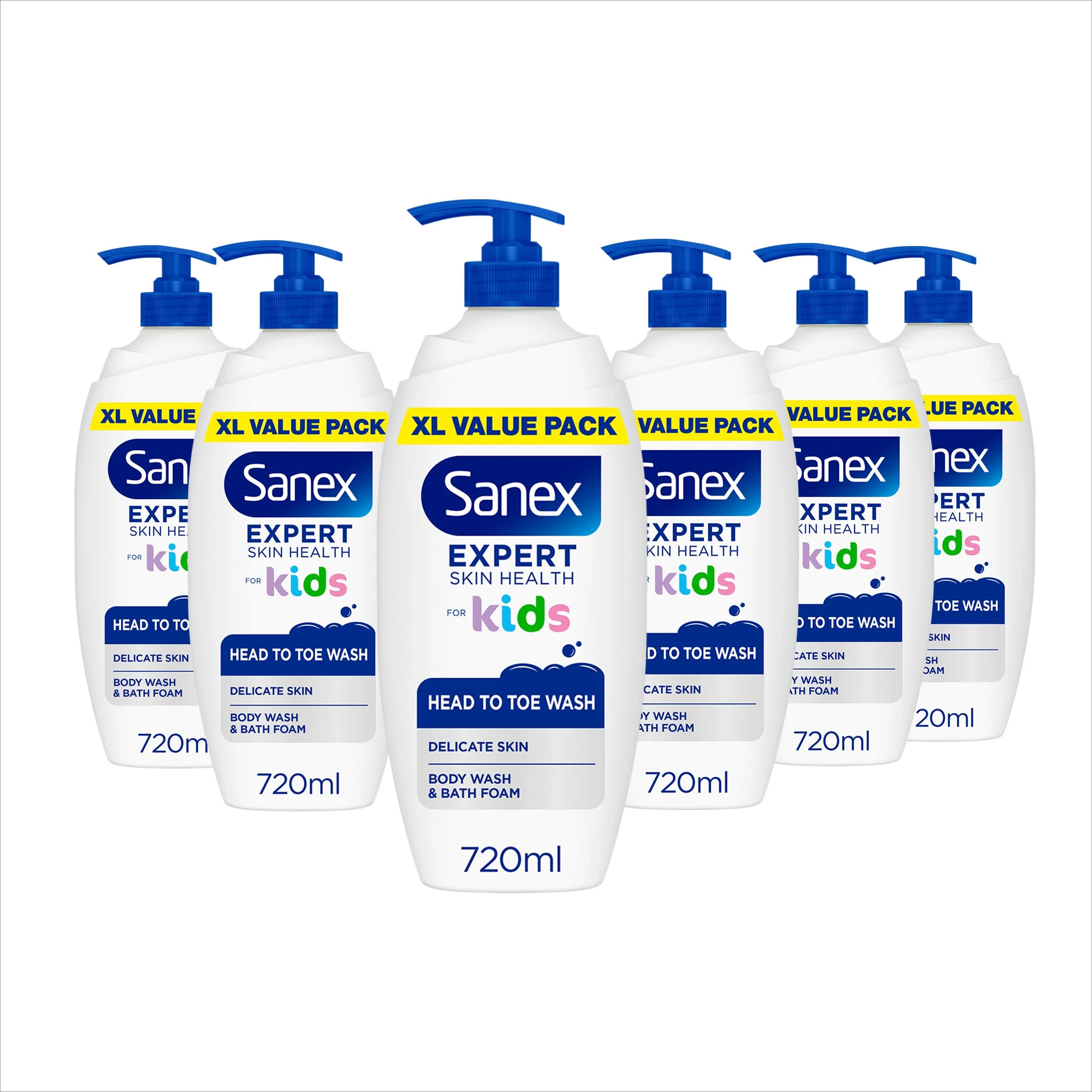 Sanex Expert Skin Health Head to Toe Kids’ Body Wash 720ml x4 - protects delicate skin - children’s shower gel - gently cleanses - 12h hydration - dermatologically tested - paediatrician approved