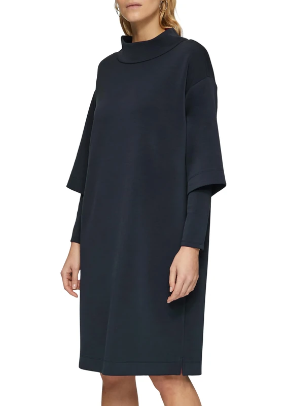 s.Oliver BLACK LABEL Scuba Dress with Layer Details and Stand-Up Collar, Navy, 16