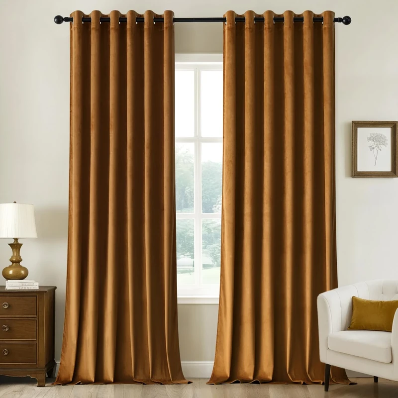 Woaboy Velvet Curtains 90 Drop Brown Curtain for Living Room Thermal Blackout for Bedroom Luxury Eyelet Drapes Super Soft Window Treatment Insulated Soundproof & Room Darkening W 90 x L 90 2 Panels