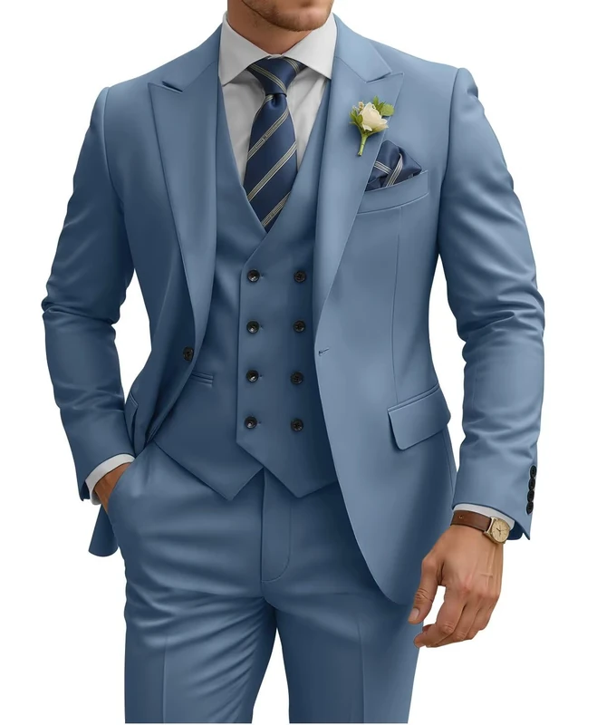 TIJOFA 3 Piece Suit Men Slim Fit Double Breasted Suit for Men Wedding Suits Classic One Button Formal Prom Dinner Tuxedo, Dusty Blue, S