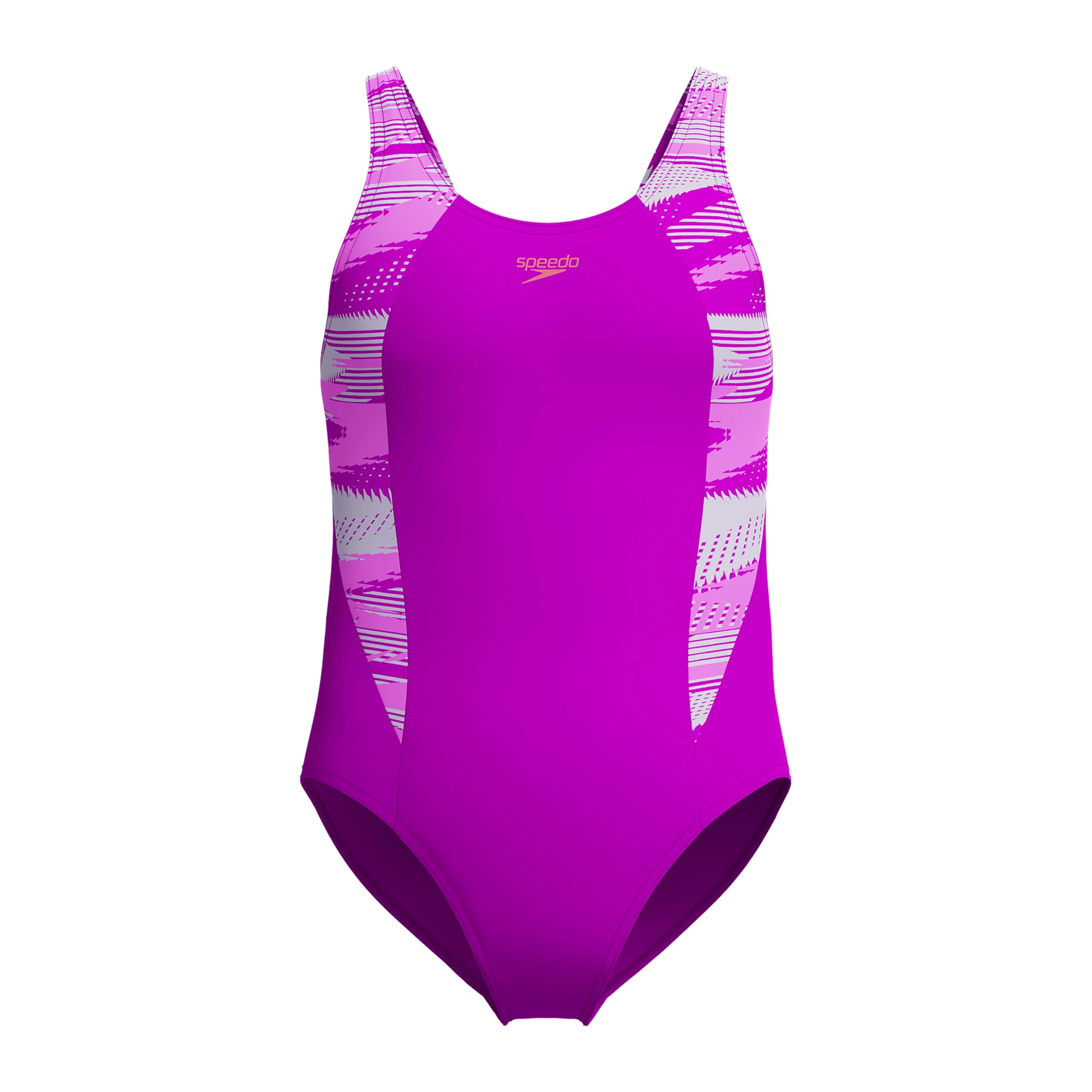 Speedo Girls Hyperboom Splice Muscleback Swimsuit | Swim Training |Chlorine Resistant | Quick Drying | Stretch Fabric | Comfort Fit, Diva, 5-6
