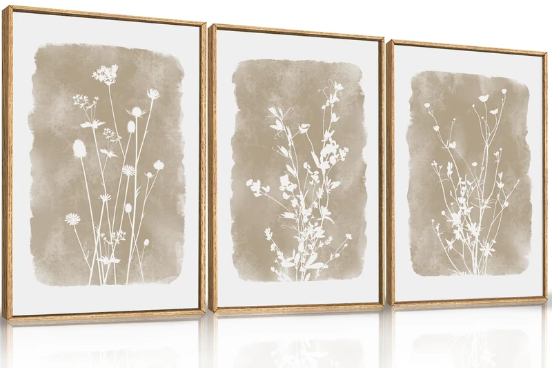 HPINUB Large Vintage Wildflowers Framed Canvas Wall Art Set,Boho Elegant Flower Print Wall Decor,Minimalist Floral Botanical Flowers Wall Printing for Living Room Bedroom,Dining Room,Office -16"x24"x3