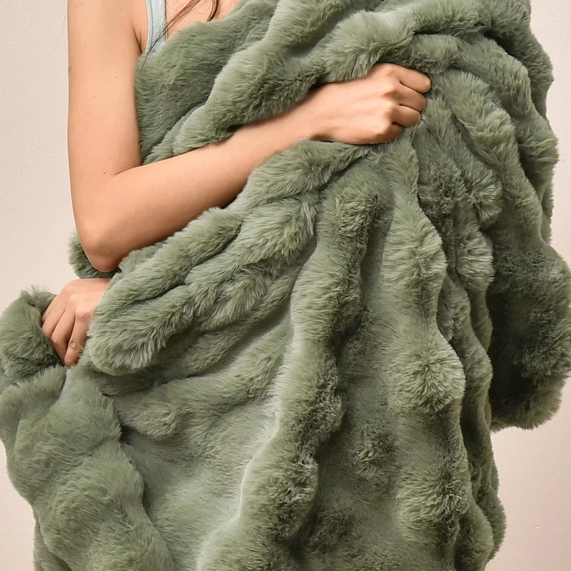 PHF Luxury Faux Rabbit Fur Throw Blanket, Ultra Soft Fluffy Plush Cozy Warm Bubble Blanket for Bed, Couch, Sofa Decorative, Thick Reversible Throw Suitable for Fall & Winter, 50" x 60", Olive Green - Image 1