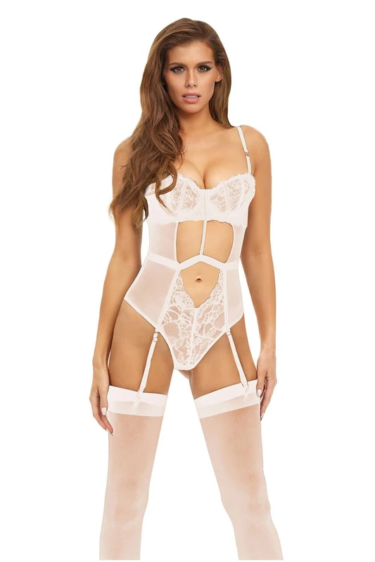 Bombshell Boudoir Strap Overlay Teddy Erotische Dessous-Set White L
