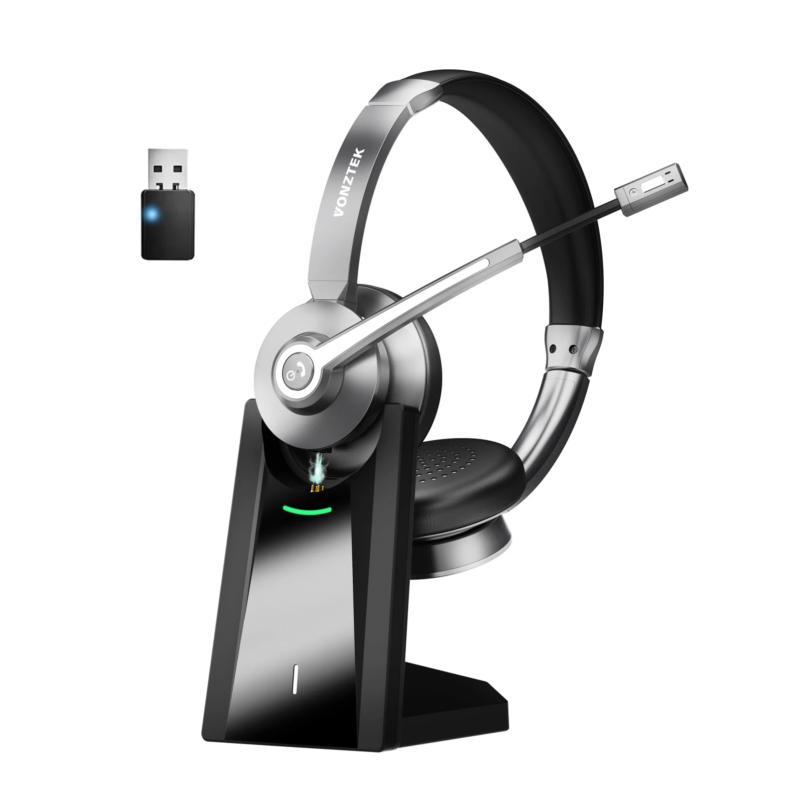 Vonztek Bluetooth Headset,Wireless Headset with Microphone Noise Canceling & Mute, Wireless Headphones with Microphone with USB Dongle & Charging Dock for Office Skype Zoom Meeting