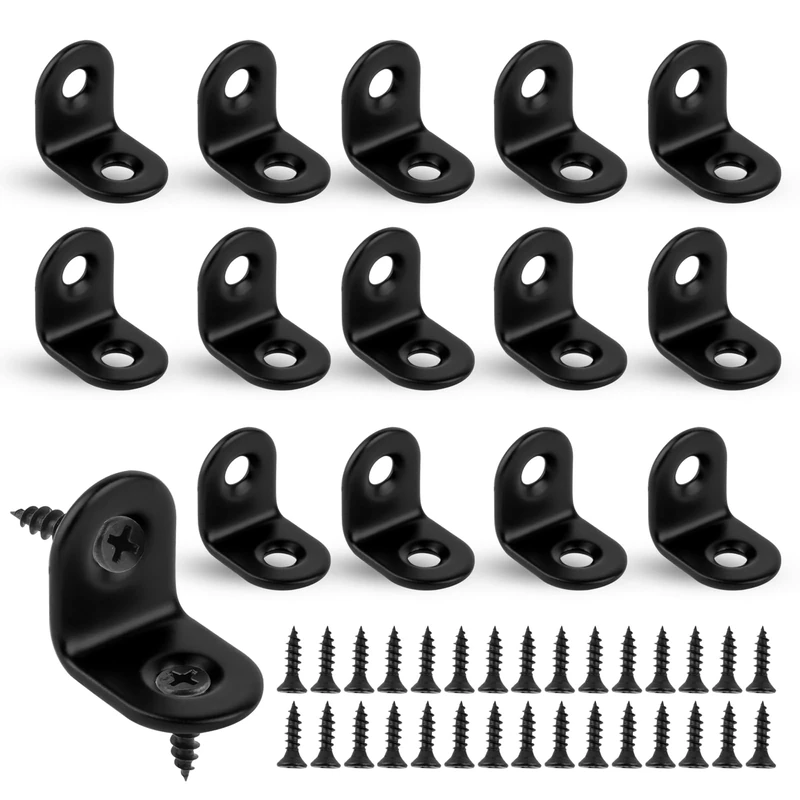 Small Angle Brackets, 16pcs L Brackets, Stainless Steel Corner Bracket for Wood, Right Angle 90 Degree Bracket with 32 Screws for Furniture Desk Table Shelf Corner Braces (20 x 20mm, Black)