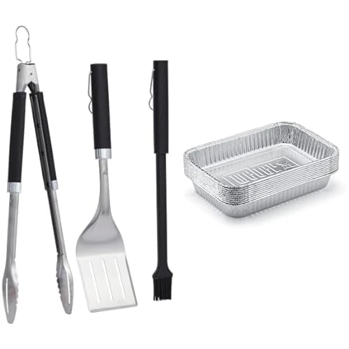 Weber Premium BBQ Tools Set - 3 Pcs | Stainless Steel Tongs, Spatula & Baster for Barbeque Cooking | BBQ Metal Utensils BBQ Accessories for Outdoor Cooking & Grilling - Silver (6764)