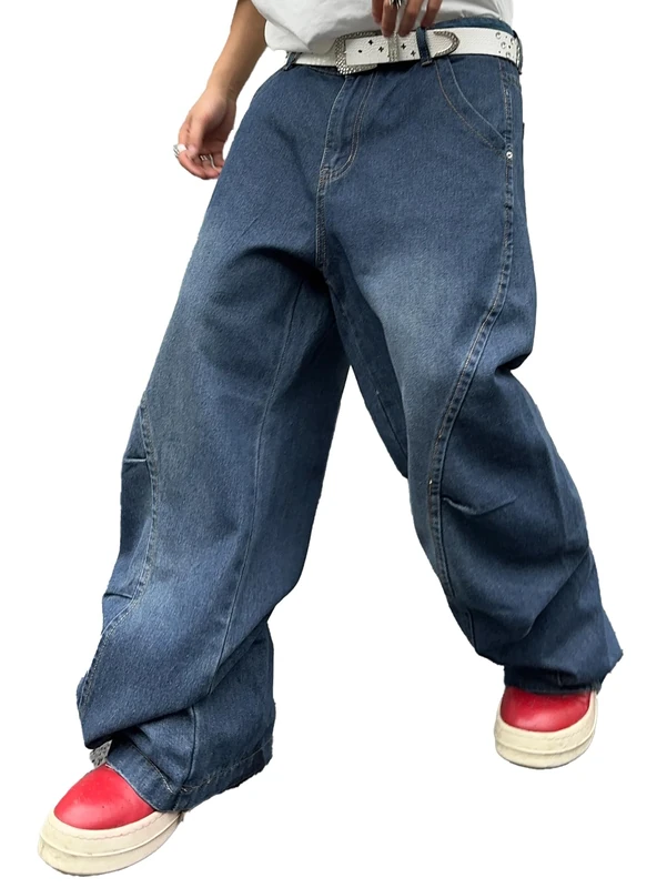 DFGIGT Men's Irregular Sutures Y2k Hip Hop Baggy Jeans Wide Leg Denim Pants Casual Loose Fit Trousers Streetwear, A10 Blue, X-Large