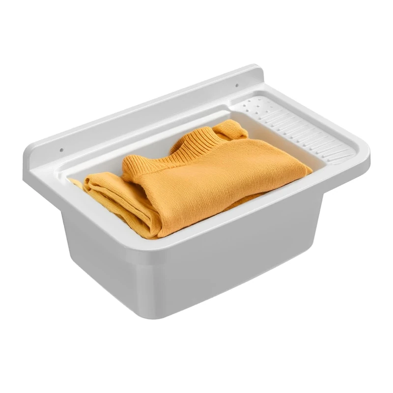 Avilia Outdoor Wash Basin - Wall Mounted Wash Basin for Washing Clothes by Hand - Ideal for Gardens, Terraces, Camping, with Non-Slip Top, in Resin, 50 x 35 x 24 cm, White