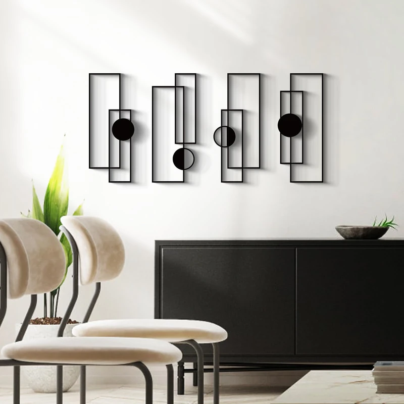 Glamativity Large 4 Pcs Black Abstract Metal Wall Art, 22.5 x 7.5'' Vertical Minimalist Décor Single Line Art Wall Décor, 3D Textured Sculptures, Modern Geometric Decor Hanging for Living Room Bedroom