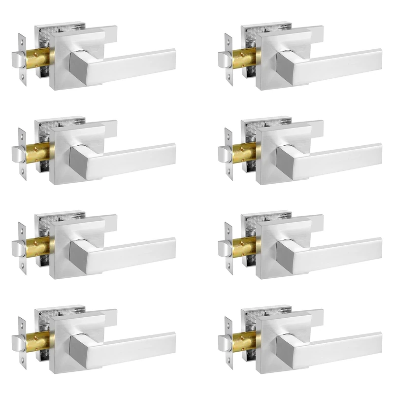RAZCC Square Passage Door Lever, Heavy Duty Interior Door Handles for Hallway& Closet Non-Locking Door Knob in Satin Nickel Keyless Door Lockset for Right & Left Side Door, 8 Pack