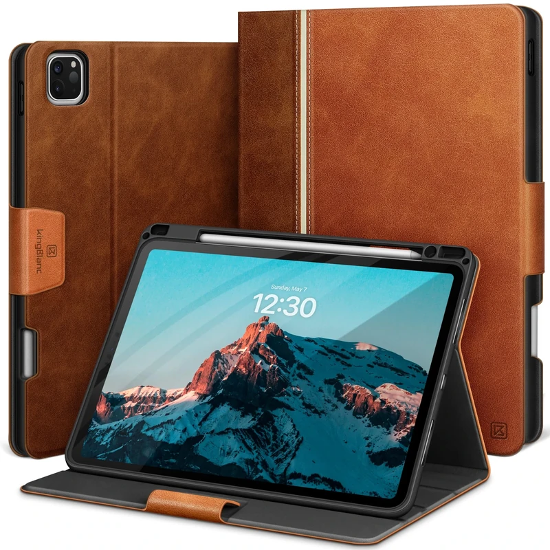 KingBlanc Case for iPad Pro 13 inch (M5 2025/M4 2024) with Pencil Holder, Vegan Leather Stand Cover, Auto Sleep/Wake, Support Pencil Pro/(USB-C), Viewing/Writing Angles, Vintage Notebook Style, Brown