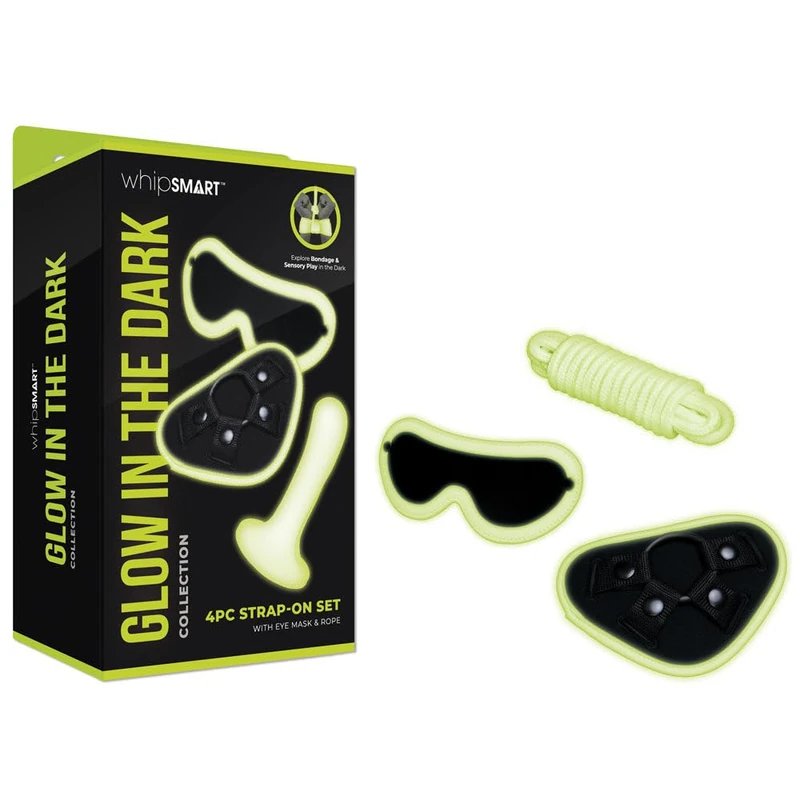 Whipsmart 4 Pcs Glow in The Dark Strap-On Set with Eyemask & Silk Rope White One Size