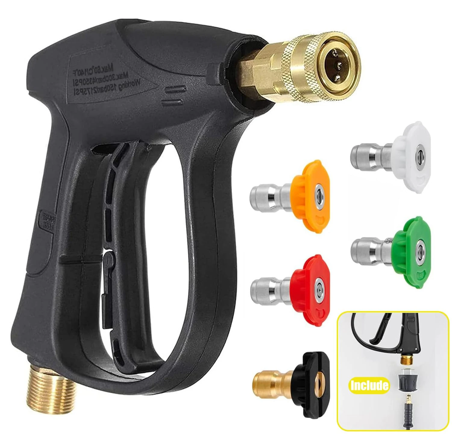 High Pressure Washer Gun 4350PSI Max, Short Nozzle Jet Wash Gun with M22 14MM Hose Interface and Adaptor Compatible with 1/4 inch Quick-Connect Nozzles for Car Washing and Patio Cleaning