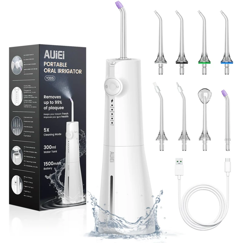 AUIEI Portable Water Flosser Dental Jet Water Flosser, Oral Irrigator 5 Modes and 8 Nozzles, 300 ml Tank, USB Charged, IPX7 Waterproof, Sensitive Gum, White