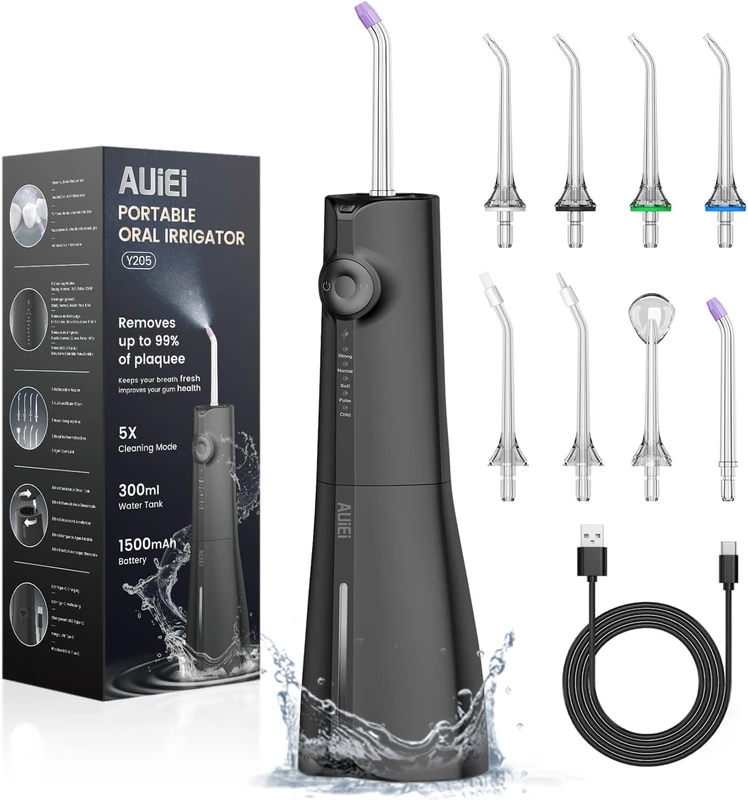 AUIEI Portable Water Flosser Dental Jet Water Flosser, Oral Irrigator 5 Modes and 8 Nozzles, 300 ml Tank, USB Charged, IPX7 Waterproof, Sensitive Gum, Black