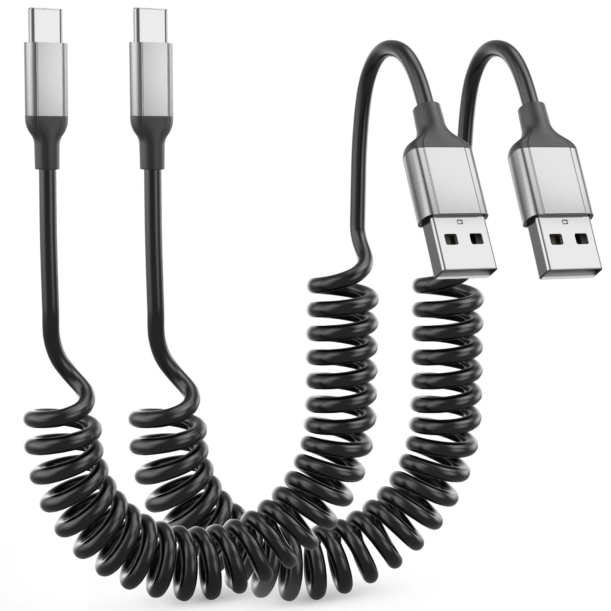 Coiled USB C Cable Short, 2 Pack Car USB C Charging Cable Type C Charger Lead Fast Charging USB A to USB C Spiral Cord with Data Tranfer for Samsung Galaxy, Huawei, Google, Oneplus, Android Auto
