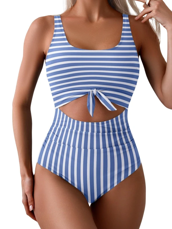 Eomenie Women's One Piece Swimsuit Tummy Control Slimming Bathing Suit Cutout Tie Knot Swimwear, Blue Striped, Medium