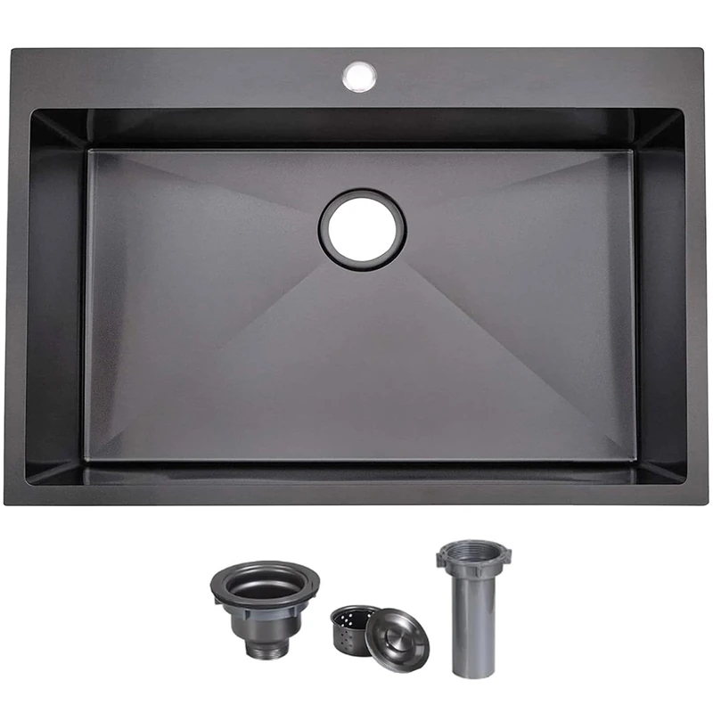 KINGO Home 28 Inch Black Drop in Kitchen Sink, 28x18 Inch Gunmetal Black Single Bowl Stainless Steel Basin Topmount Kitchen Sink, 16 Gauge Metal Sink with Strainer
