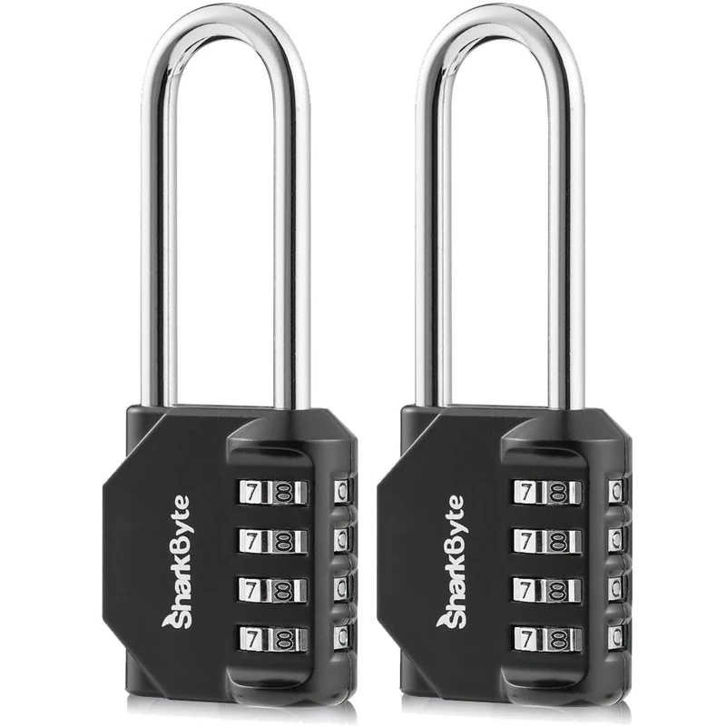 SharkByte Long Padlock [2.6" Shackle] 4 Dial Heavy Duty Combination Lock, Weatherproof for Gym, School, Locker, Outdoor Shed, Garage, Fence, Hasp, Toolbox (2 Pack)