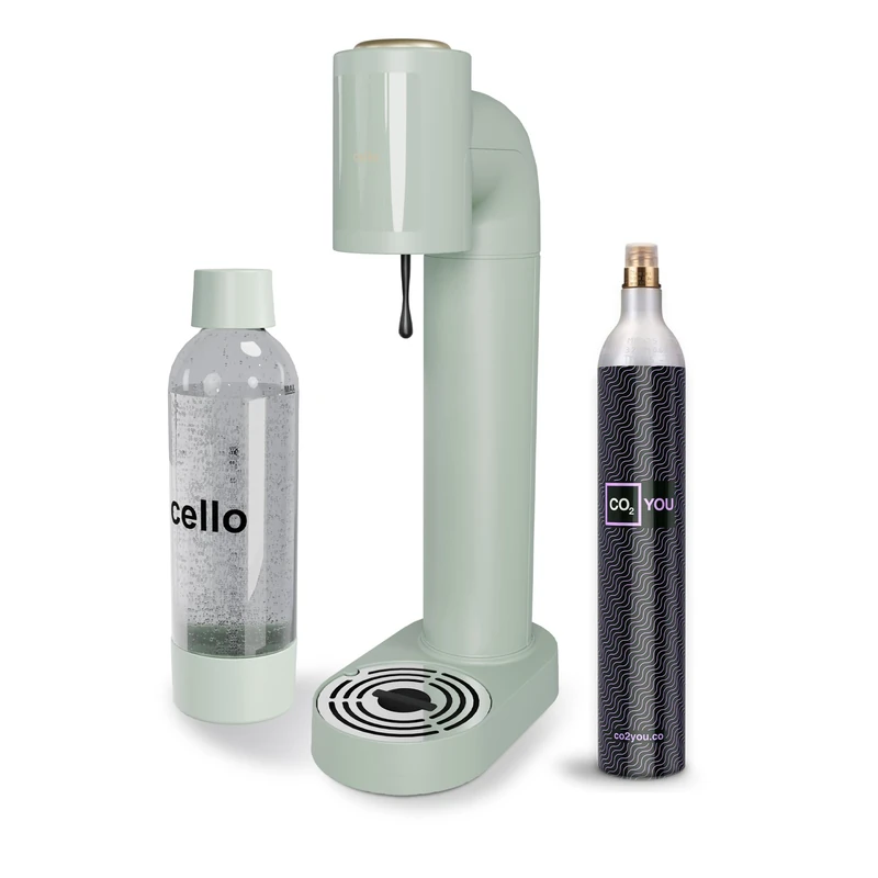 Cello Sparkling Water and Soda Maker Machine in Sage Green with 1 Litre Reusable BPA-Free Water Bottle for Carbonating & Co2 Gas Cylinder, No Electricity Required, Sparkling Water Maker